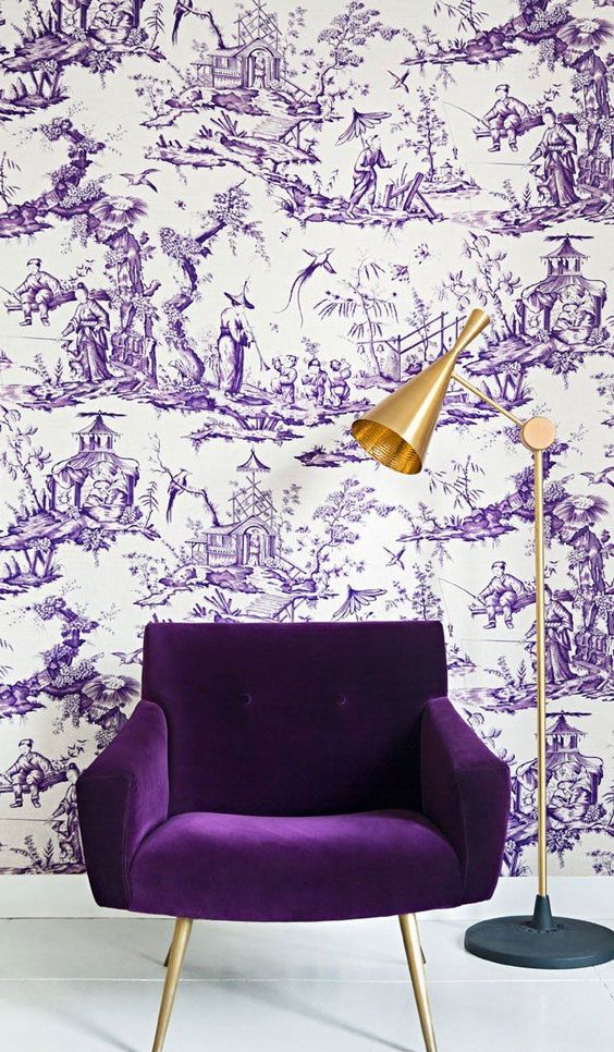 purple violet chinoisery wallpaper with gold accents and velvet chair
