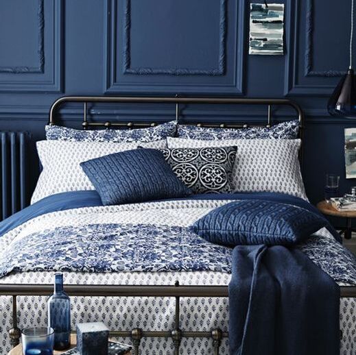 indigo panelling and bedding and home accessories