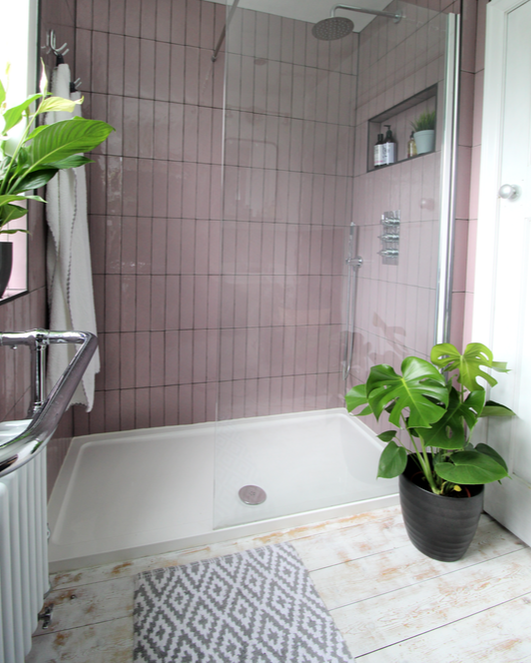 pink tiles with grey grout and trim works perfectly with the industrial scheme