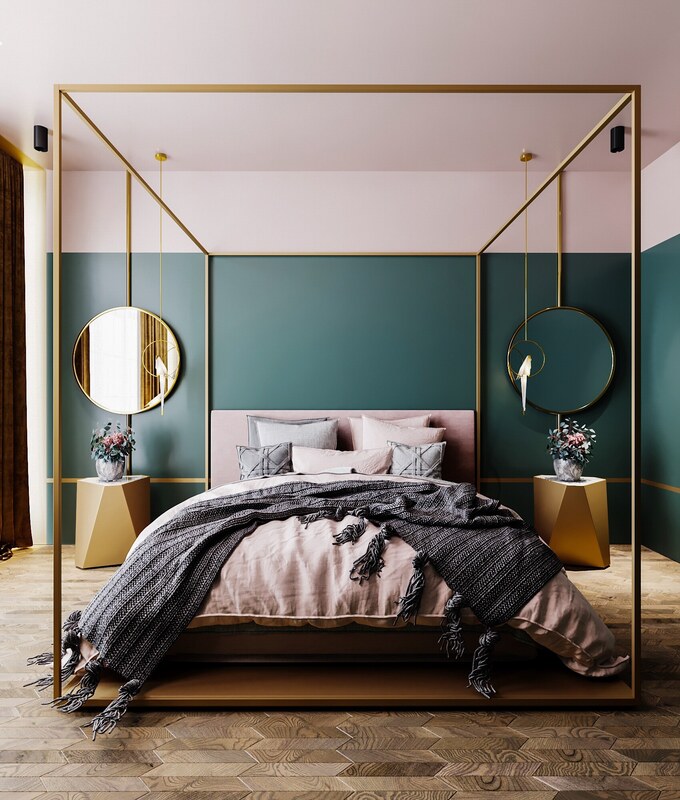 teal bedroom with gold and pink accessories