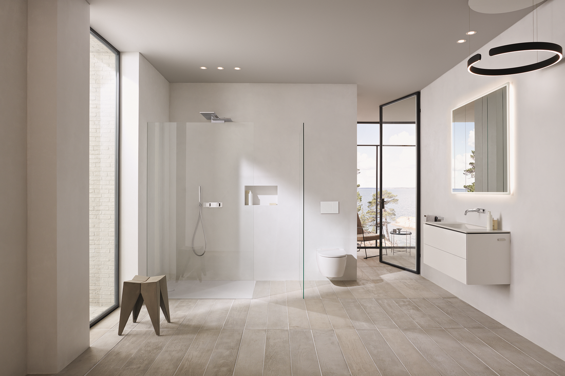 Clean modern warm bathroom with wood tones. Geberit products