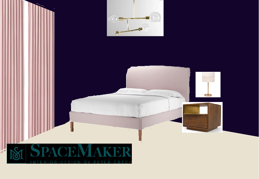 Mood board for a dark blue bedroom with gold accessories and pink highlights
