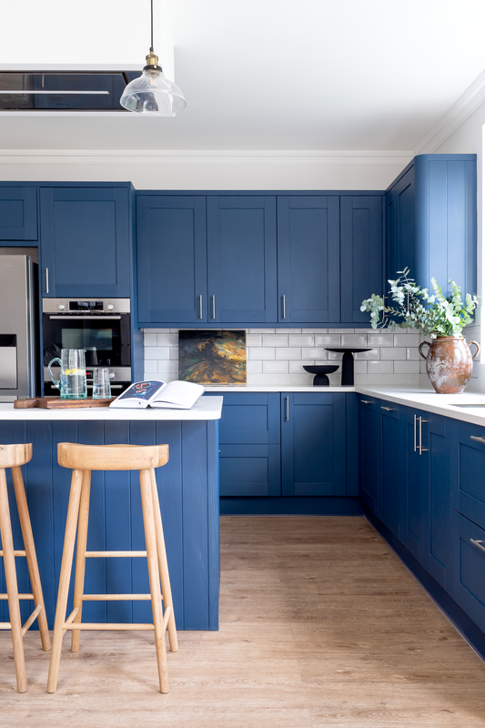 Blue and white kitchen island detail 