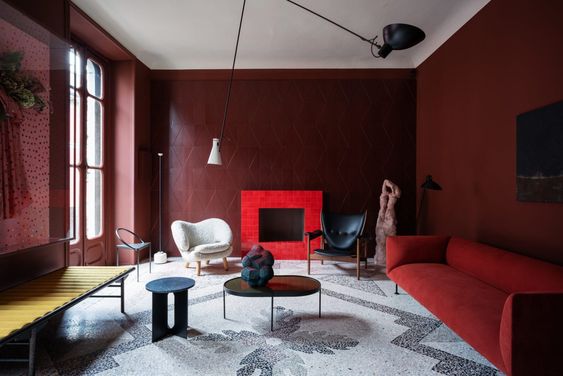 modern dark red living room