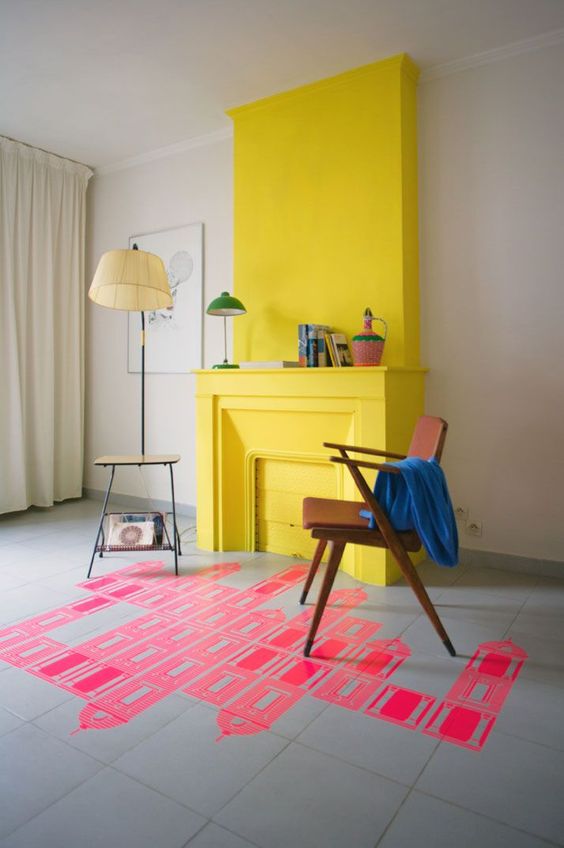 This is an incredibly simple way of highlighting a  relatively simple fireplace and chimney breast with a zingy yellow colour.