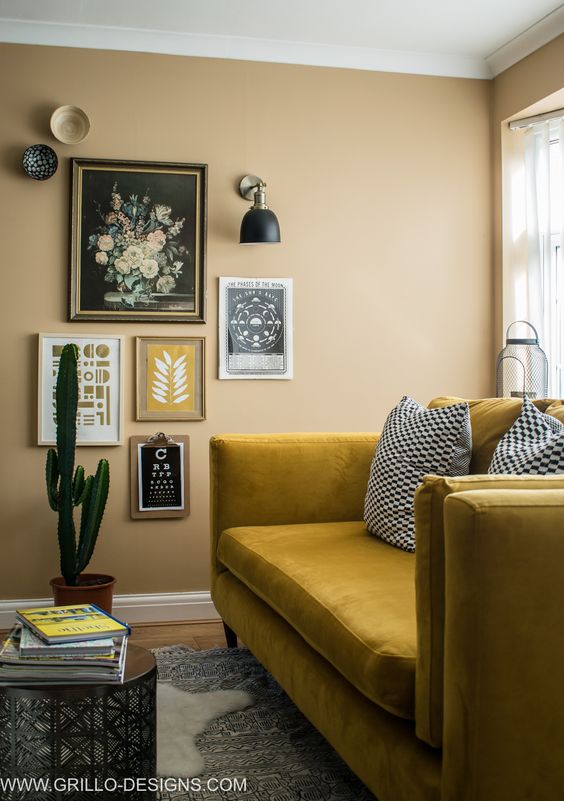 This gorgeous yellow velvet sofa at Medina Grillo shows how you can create a calm space with such a vibrant colour.