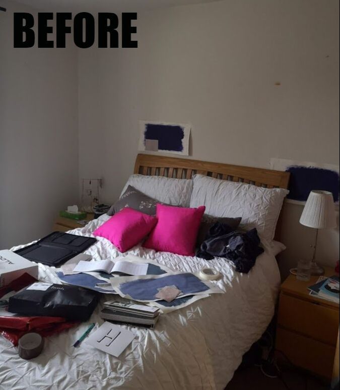 a pre-renovation shot of a messy bedroom with colour swatches on the walls