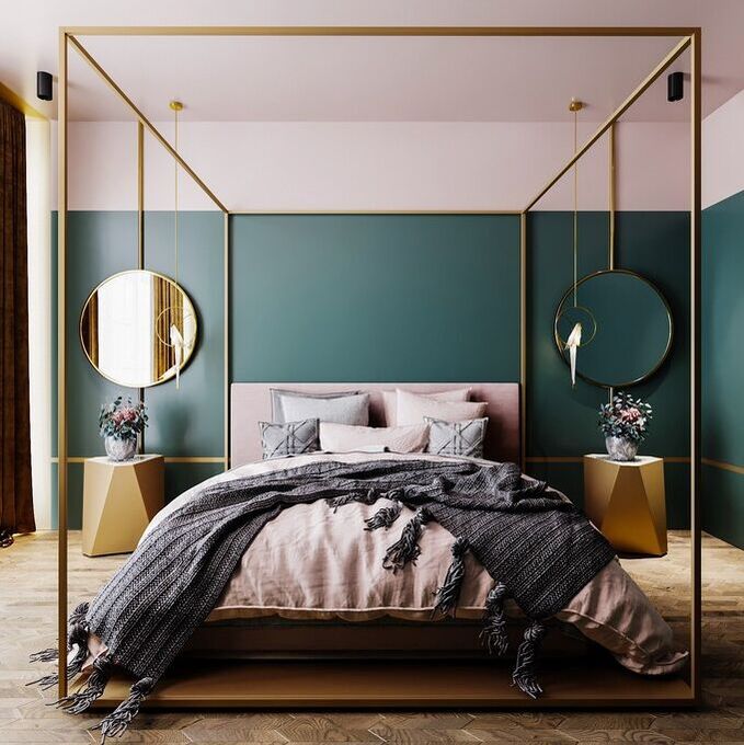 green and pink and gold bedroom