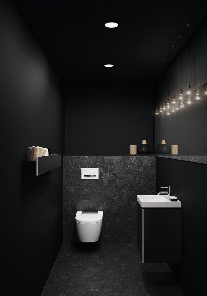 dark bathroom with a wall hung geberit loo