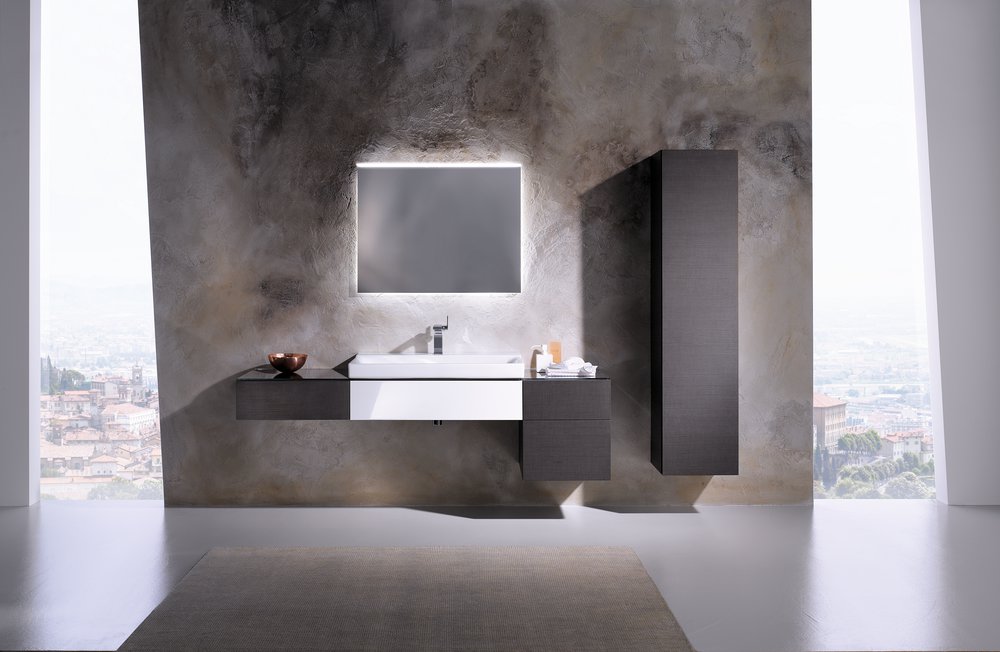 Modern dark bathroom with concrete and stucco