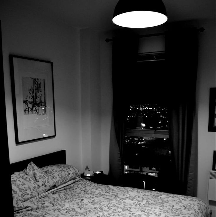 new build bedroom black and white