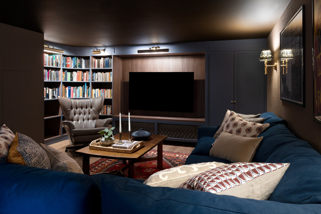 basement media room and library